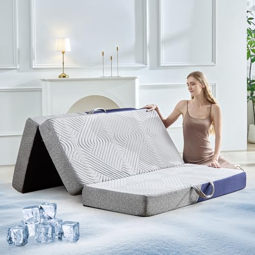 Image of Cooling Foldable Mattress, 4 Inch Memory Foam Mattress /Topper With Cold Breathable Effect, Trifold Mattress For Murphy Bed, Portable Folding Floor Bed For Guest, Camping, Travel, Yoga- Single