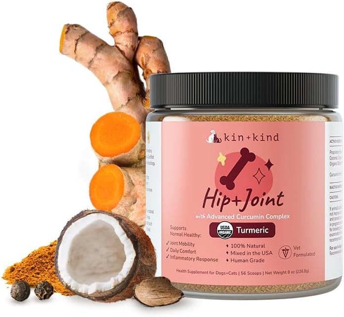 kin+kind Organic Hip & Joint Supplement for Dogs & Cats - Vet Formulated with Turmeric, Black Pepper & Coconut - Natural Supplement for Dog & Cat Joint Support & Health - Made in USA
