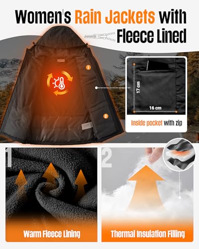 33,000ft Damen Regenjacke Übergangsjacke Wasserdicht Winddicht Fleece Lined Jacket Atmungsaktiv Warme Leichte Wanderjacke mit Kapuze Schwarz M