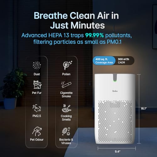 Image of Qubo Smart Air Purifier Q400 for Home by Hero Group | Up to 400 Sq Ft | 99.99% Allergen Removal | True HEPA13 | 9000 Hrs Filter Life | App & Voice Control
