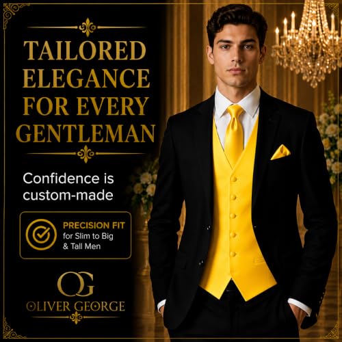 Image of Oliver George 4pc Men's Solid Formal Suit Waistcoat Tuxedo Dress Vest Necktie Bowtie Handkerchief Set for Suit or Tuxedo