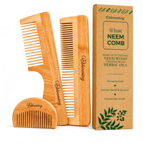 Image of Neem Wooden Comb Set | Dual Tooth Hair Comb, Handle Comb & Beard Comb Combo for Women & Men | Wooden Detangling & Grooming Comb Set | Smooth Rounded Teeth | Pack of 3