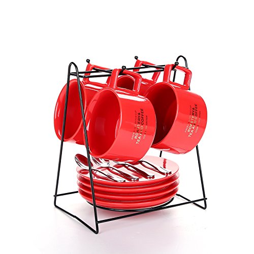 HQLCX Creative American Ceramic Coffee Cup Set With 4 Dish Spoon Rack European Tea Mug Set,C