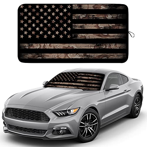 Image of EcoNour Camoflage American Flag Windshield Sun Shade -240T Reflective Polyester Blocks 99% UV & Heat Protection | Patriotic Car Accessory Sedans, Hatchbacks, Small SUVs | Universal Fit (66 inch x 34 inch)