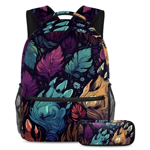 Cartable avec trousse à crayons à motif pattes pour ados et étudiants