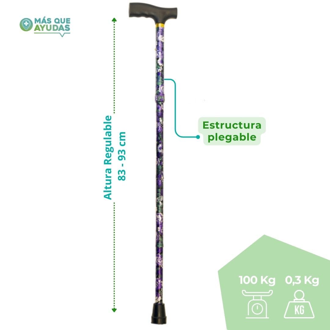 MAS Que AYUDAS – Bastón para Mayores y Adultos Basic, Plegable y Portátil, Altura Ajustable 83-93 cm, Puño Resistente contra Golpes, Bastón para Caminar y Pasear, 320 g, Violeta