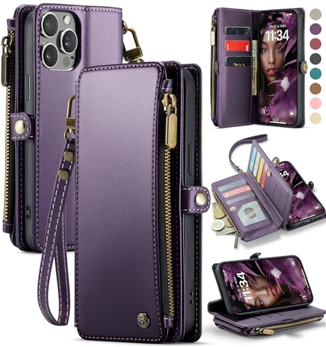 Defencase Compatible with iPhone 14 Pro Max Case Wallet with RFID Blocking Card Holder for Women Men PU Leather Magnetic Snap Flip Zipper Strap Wallet Phone Case Fit for iPhone 14 Pro Max 6.7 Purple