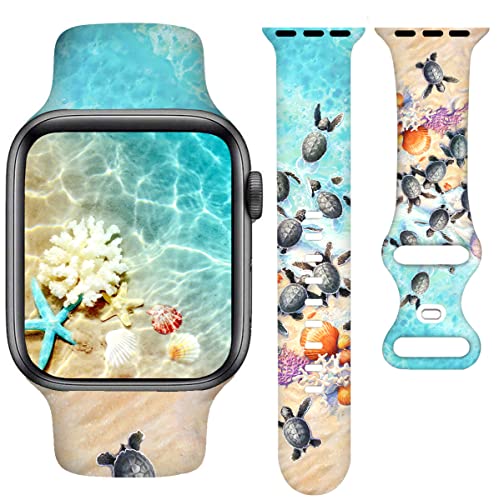YAGEDOVIU Beach Watch Bands Compatible Watch 38mm 40mm 41mm 42mm for Women, Sea Turtle Adjustable Soft Silicone Replacement Smartwatch Wristband Gifts for SE Series 8/7/6/5/4/3/2/1