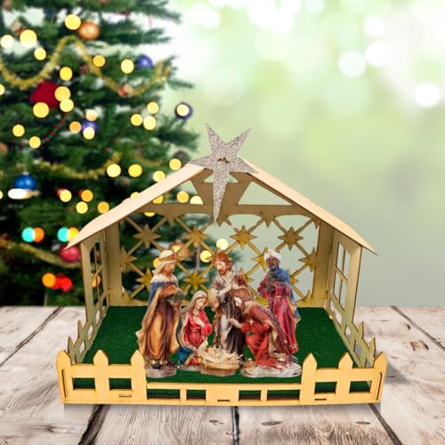 Image of Excel Impex Decorative Christmas Decoration Wooden Crib Stable with Glitter Star Topper, Green Turf Base, 40 x 30 x 25 cm
