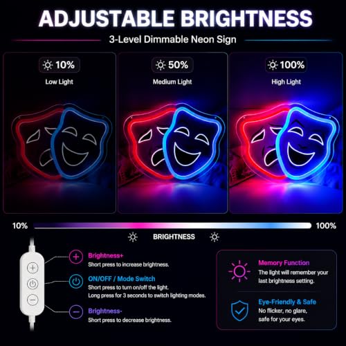 Image of Comedy and Tragedy Masks Neon Sign Theater Drama LED Lights Sign for Wall Decor, Classic Performing Dimmable Neon Light for Bedroom, Theater Room Bar & Studio Decor
