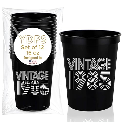 Vintage 1985 40th Birthday Cups 16oz – Set of 12 Black Party Cups, Birthday Decorations for Men & Women, Guest Favors, 40th Wedding Anniversary Supplies