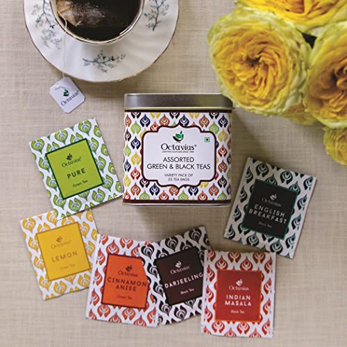 Octavius | Tea Sampler Pack | Assortment Of 3 Black & 3 Green Teas | 25 Enveloped Double Chamber Tea Bags | Tea Sampler Variety Pack | Perfect For Tea Lovers | Assorted Tea Variety Pack | Pack Of 1 #TOP2