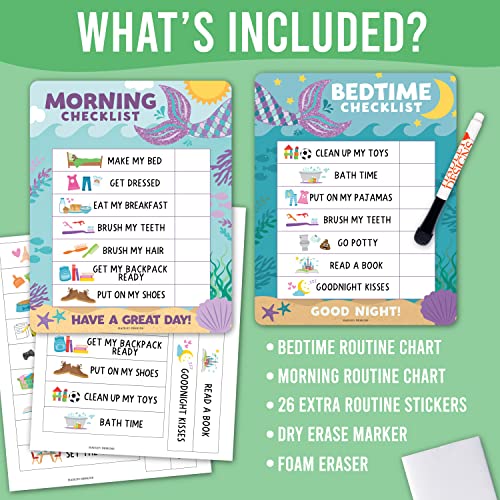 Image of Magnetic Morning & Bedtime Routine Chart for Kids - Customizable Toddler Daily Schedule Board with Dry Erase Surface, Stickers & Marker, Build Habits with Visual Checklists, Mermaid Theme