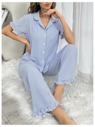 WDIRARA Women's 2 Piece Stripe Button Front Pocketed Shirts and Pants Ruffled Hem Pajama Set3