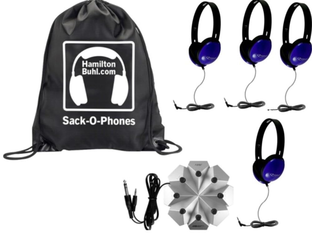 HamiltonBuhl SOP-PRMB4JB Sack-O-Phones Listening Center with 4 Blue Primo Headphones and Portable Galaxy Starfish Jackbox, Adjustable Headband, Leatherette Cushions, 30mm Speaker Drivers