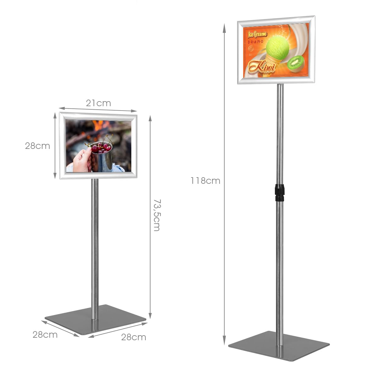HOMASIS Porta Poster Regolabile in Altezza e Angolo, Supporto da Pavimento per Menù, Poster e Pubblicità, Espositore A4 in Alluminio per Matrimonio, Spettacolo, Ristorante, Bar (Argento)