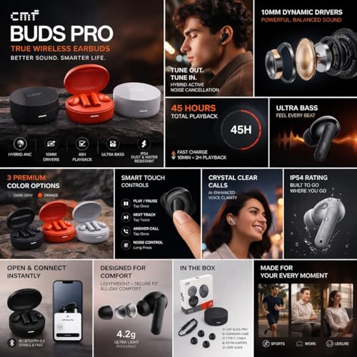 Image of Buds Pro Bluetooth Earbuds|Noise Cancelling|Ultra Bass Audio | 39 Hours Playtime Charging Case | HD Mic Calls | Gaming Low Latency | Touch Sensor | Sweat Resistant Wireless Headphones (Orange)