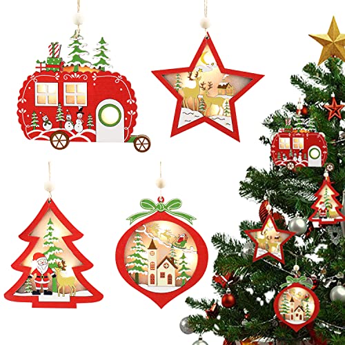 4 Pièces Decoration Noel Bois, LED Lumiere Noel Décoration Noel, Decoration Sapin Noel Bois Lumineux, Decoration de Noel Sapin Intérieur, Decoration Boule de Noel Sapin Cover