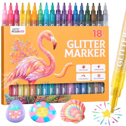Image of 18 Metallic Colors Glitter Markers, Acrylic Paint Markers 2mm Medium Tip | Water-Based,Non-Toxic Ink Glitter Paint Pens for Adults Rock Painting, Fabric, Cards, Journaling & DIY Crafts