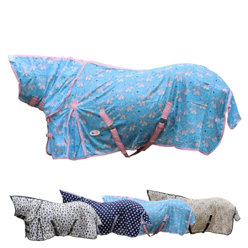 RL24 - Fliegendecke mit Halsteil & Kreuzgurt Design Unicorn Ekzemerdecke mit verstellbaren Kreuzgurten & Schweiflatz Decke zum Schutz vor Insekten Outdoor-Pferdedecke 135 cm