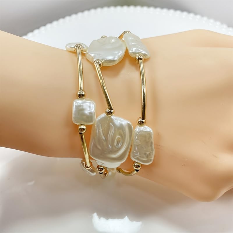 Chunky Pearl Bracelet For Women, 14k Gold Plated Chain Three Layer Stackable Exaggerated Bohemian Jewelry Gift - Image 3
