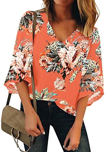 LookbookStore Floral Blouses for Women 3/4 Sleeve Tops Fashion 2022 Bell Sleeve Blouse V Neck Floral Printed Blouse for Summer Cute Bell Sleeve Loose Top Salmon Size L Casual Tops Size 12 Size 14