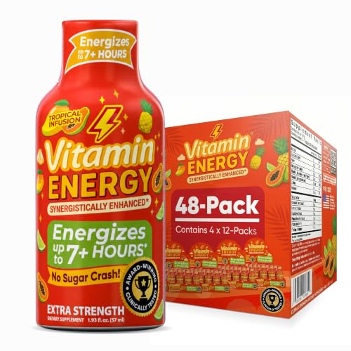 Image of Vitamin Energy Tropical Infusion Extra Strength Energy Shot, 48 Pack - Up to 7 Hrs, 260mg Natural Caffeine, Zero Sugar - BCAAs + CoQ10, Focus Support, B12 B6 Niacin, 1.93 fl oz, Keto Vegan
