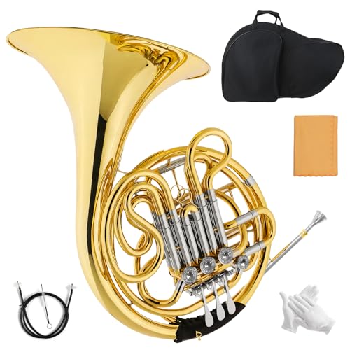 Double French horn, French horn, 4-button F/B tuning, select brass, one-piece French horn design, comes with backpack, gloves, cleaning cloth, and cleaning tool kit(gold, all-in-one)