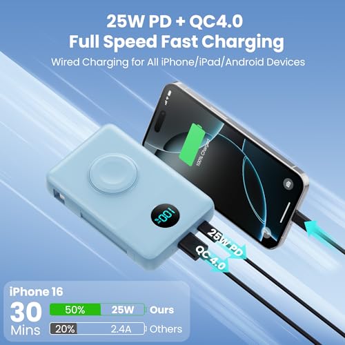 Image of 6 in 1 Magnetic Portable Charger for iPhone with Built-in Cables, 10800mAh 25W PD Fast Charging Power Bank, 6 Outputs LCD Display Travel Essential Battery Pack for iPhone 17 /16 /15 /14 /13 /12 (Sky Blue)