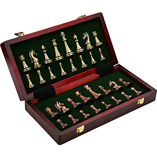 Agirlgle International Chess Set with Folding Wooden Chess Board and Classic Handmade Standard Pieces Metal Chess Set for Kids Adult - Thumbnail 4