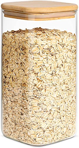 Image of ComSaf Airtight Glass Storage Canister with Wooden Lid, Square Containers with Bamboo Lid, Kitchen Jars for Nut Coffee Beans Flour Rice Sugar Tea Storage (1500ml, Set Of 1)