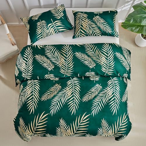 Image of Lekesky King Duvet Cover Set, Green and Gold Tropical Palm Leaf Pattern Comforter Cover King Size, 3 Pieces Soft Microfiber Bedding Sets with Zipper & 2 Pillowcases, Comforter Not Included