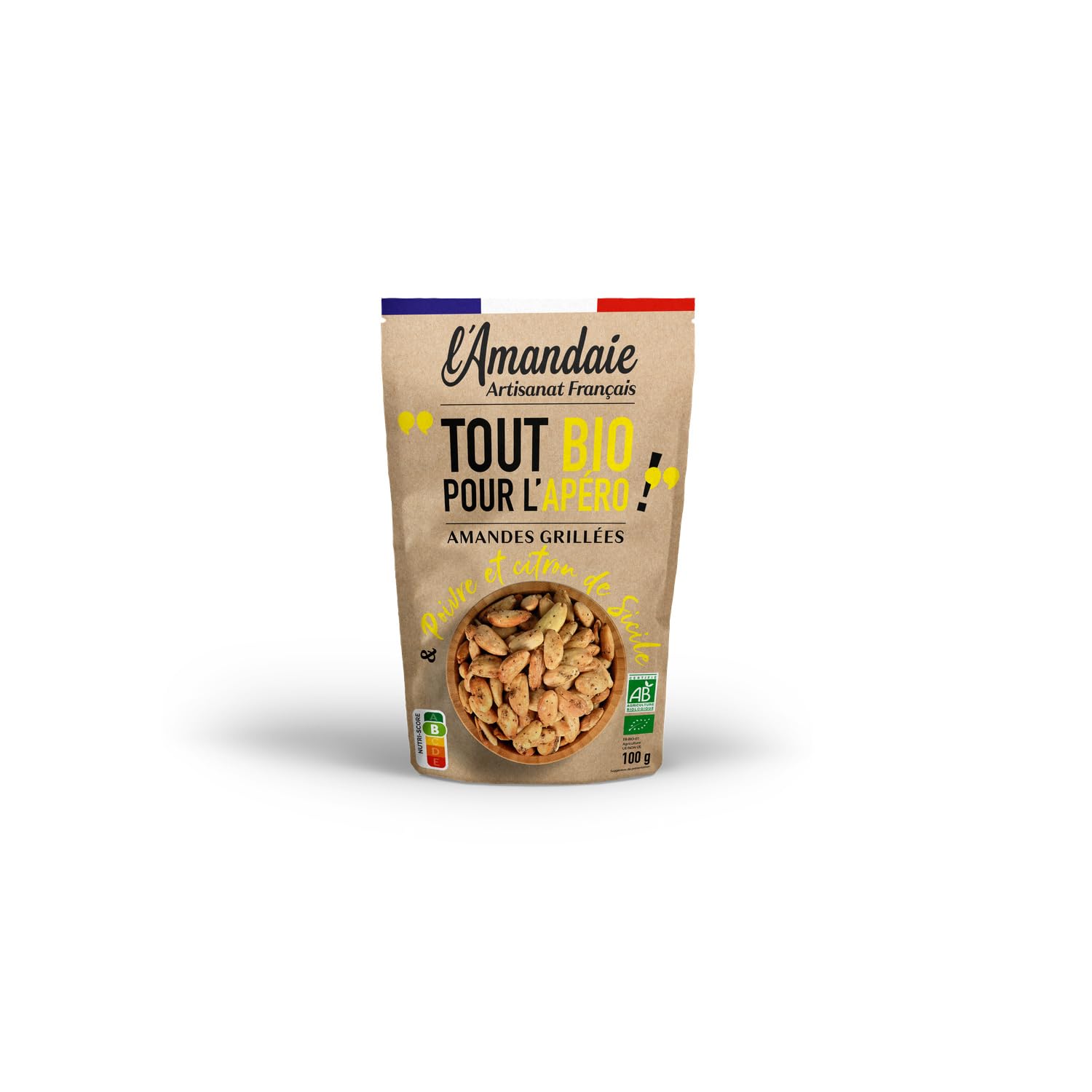 L'AMANDAIE Amandes Grillées Poivre et Citron de Sicile Bio — Paquet de 100 g — Apéritif Artisanal Français - Lot de 6