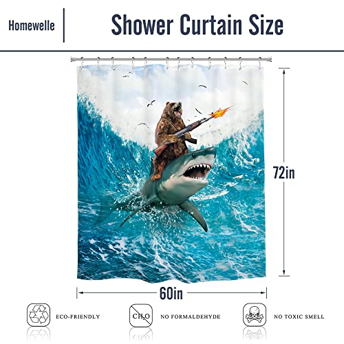 Image of Funny Bear Riding Shark Shower Curtain Humor Surfing 60Wx72H Inch Decor | Cool Animal Beach Blue Waves Ocean Birds Clouds Boys Men Art Waterproof Polyester Fabric Bathroom 12 Hooks