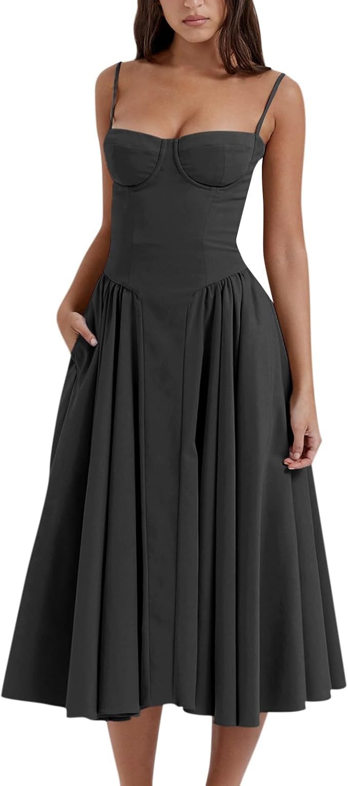 Vestito Donna Elegante Cerimonia Sexy Spaghetti Senza Maniche Scollo Quadrato Abito Estivo Lungo Abiti con Tasche Vita Alta Linea A Swing Midi Vestito da Mare Bohemian Vacanze per Il Tempo Libero