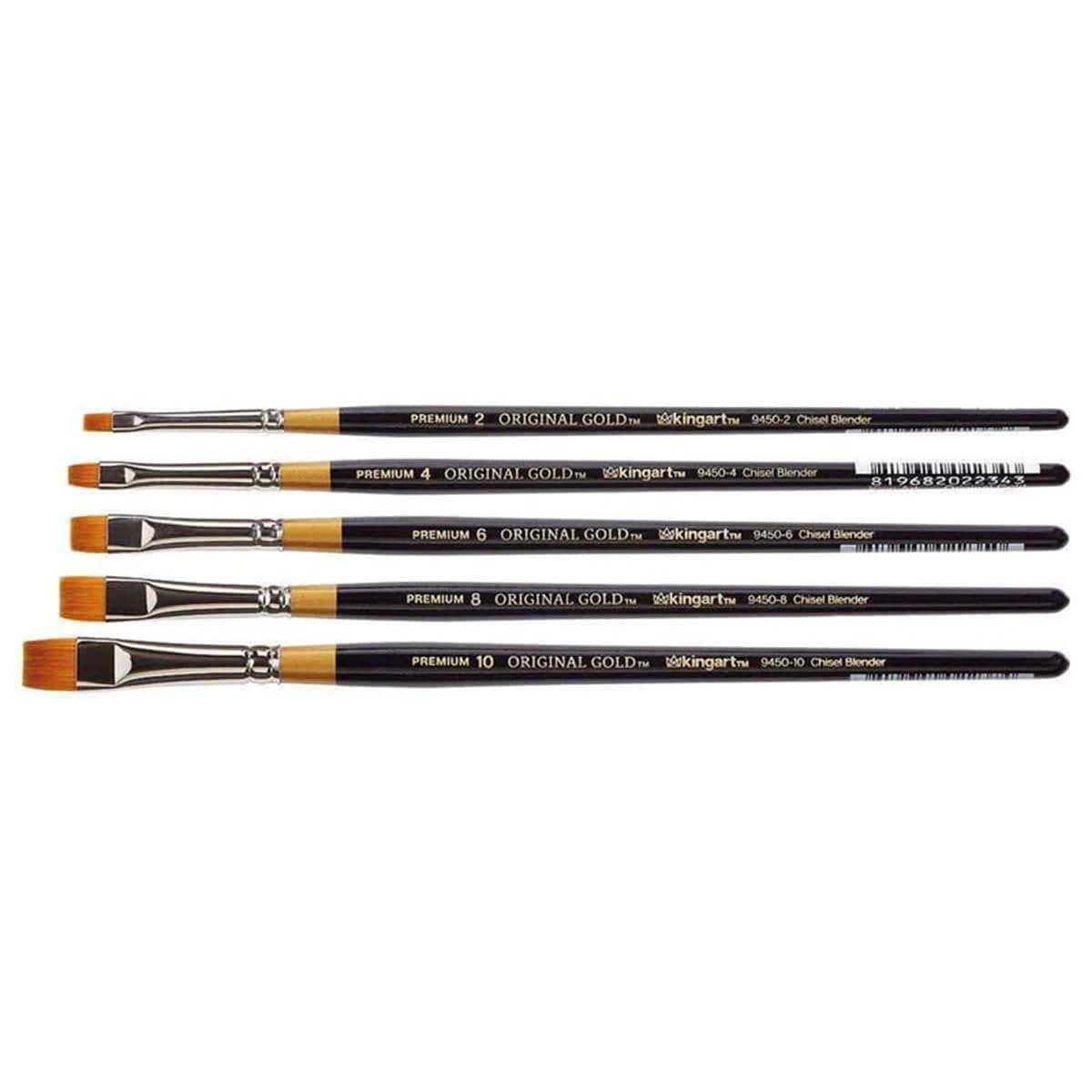 KINGART Lot de 5 pinceaux de qualité supérieure - Série 9450 - Taklon synthétique doré pour peinture acrylique, huile et gouache - Manche court - 5 tailles : 2, 4, 6, 8, 10