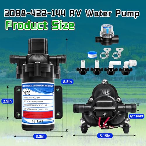 Image of 12V RV Water Pump,2088-422-144 Diaphragm Pump,45 PSI 3.3 Gallons Per Minute Fresh Water Pump with 1 /2MNPT Connection for Agricultural Spraying RV Marine Yacht-Chemical Corrosion Resistant