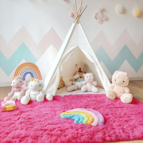 OLANLY Area Rugs for Living Room Bedroom, Machine Washable 4x5.9 ft Soft Fluffy Shaggy Bedside Rug, Indoor Floor Carpet for Kids Girls and Boys, Dorms, Nursery Rooms, Home Decor Aesthetic, Hot Pink