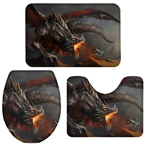 Queenker 3-teiliges Badteppich-Set, WC-Sitzbezug, cooler Drachen-Tier-Kunstdruck, WC-Vorleger und WC-Deckelbezug, rutschfeste Badezimmer-Bodenmatte 45.7x76.2 cm + 35.6x45.7 cm + 38.7x45.7 cm