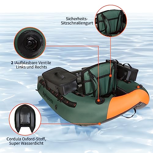 byhsports Professional Schlauchboot, Angelboot Schlauchboot mit 158KG Tragfähigkeit, Bellyboat, Bellyboot mit Rutenhalter, Inflator, Paddel für eine Person Angeln （FT-018）