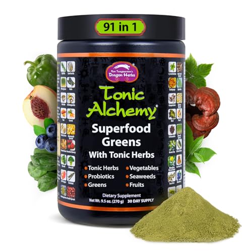 Dragon Herbs Tonic Alchemy Superfood Greens Powder with 91 Ingredients: Tonic Herbs, Ashwagandha, Mushrooms, Probiotics, Super Greens, Seaweeds, Fruits, Vegetables, Spirulina - 30 Servings