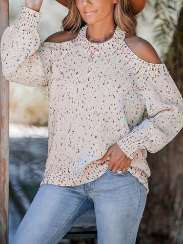 Image of CUPSHE Women's Cold Shoulder Oversized Sweaters Long Sleeve Criss Cross Rainbow Pom Knit Jumper Tops