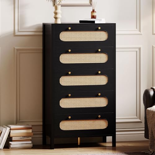 GOOBED Natural Rattan 5 Drawer Dressers Wooden Chest of Drawers with Golden Handles - Modern Large Boho Dressers Storage Cabinet for Living Room Hallway/Entryway Black
