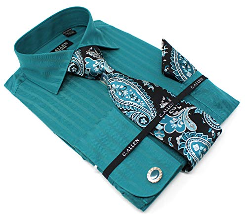 C. Allen Men's Solid Striped Herringbone Pattern Regular Fit French Cuffs Dress Shirts with Tie Hanky Cufflinks Combo3