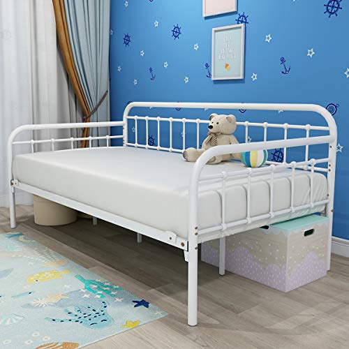 Multi-Purpose Metal Daybed Frame Heavy Duty Steel Slats Sofa Bed Platform Mattress Foundation Economic Day Bed White Color Twin Size - Thumbnail 2