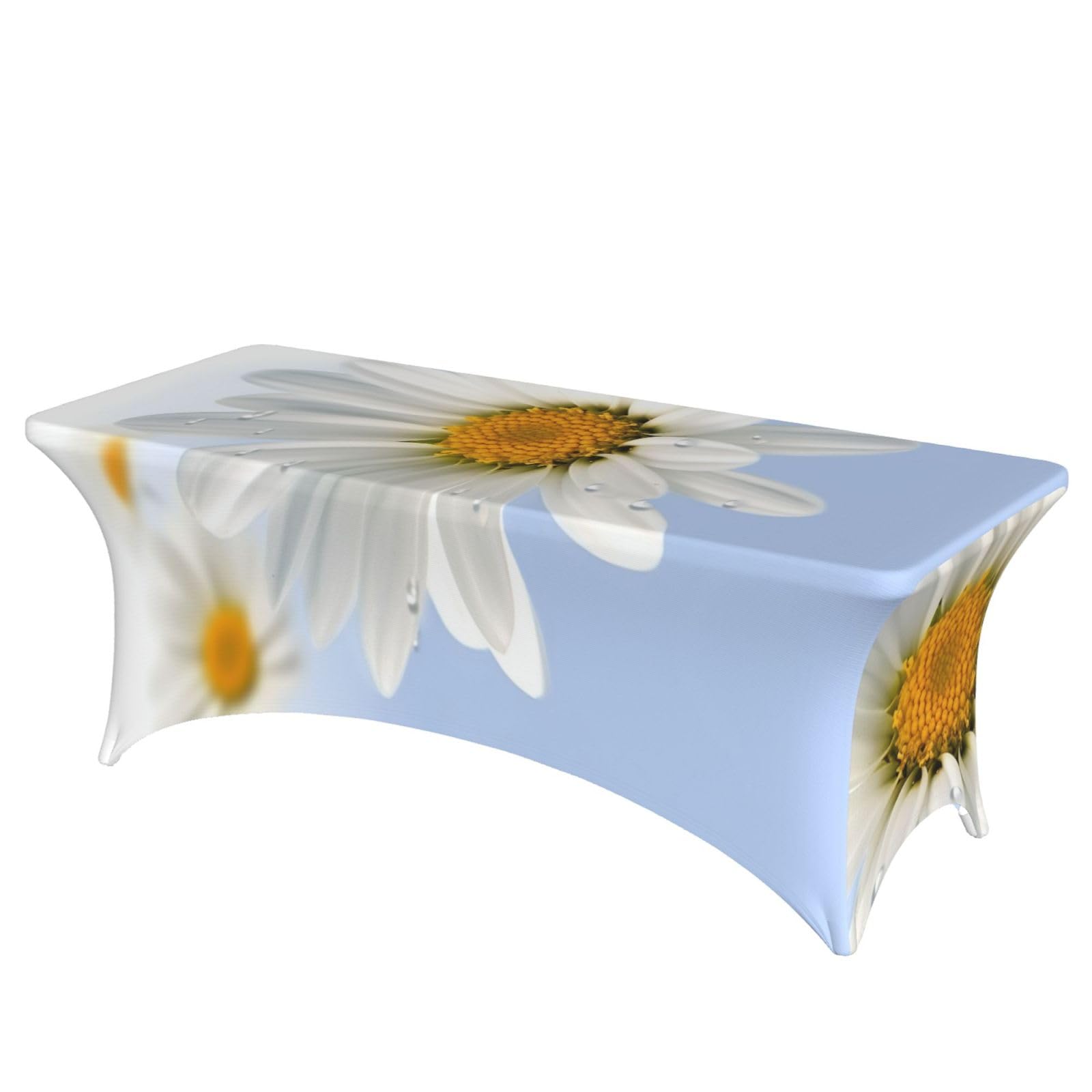 DWVTSLH 6FT Spandex Table Covers for Rectangle Tables, Wrinkle Resistant Stretch Tablecloths, Ultimate Fitted White Daisy Table Cloth for Party, Wedding, Banquet