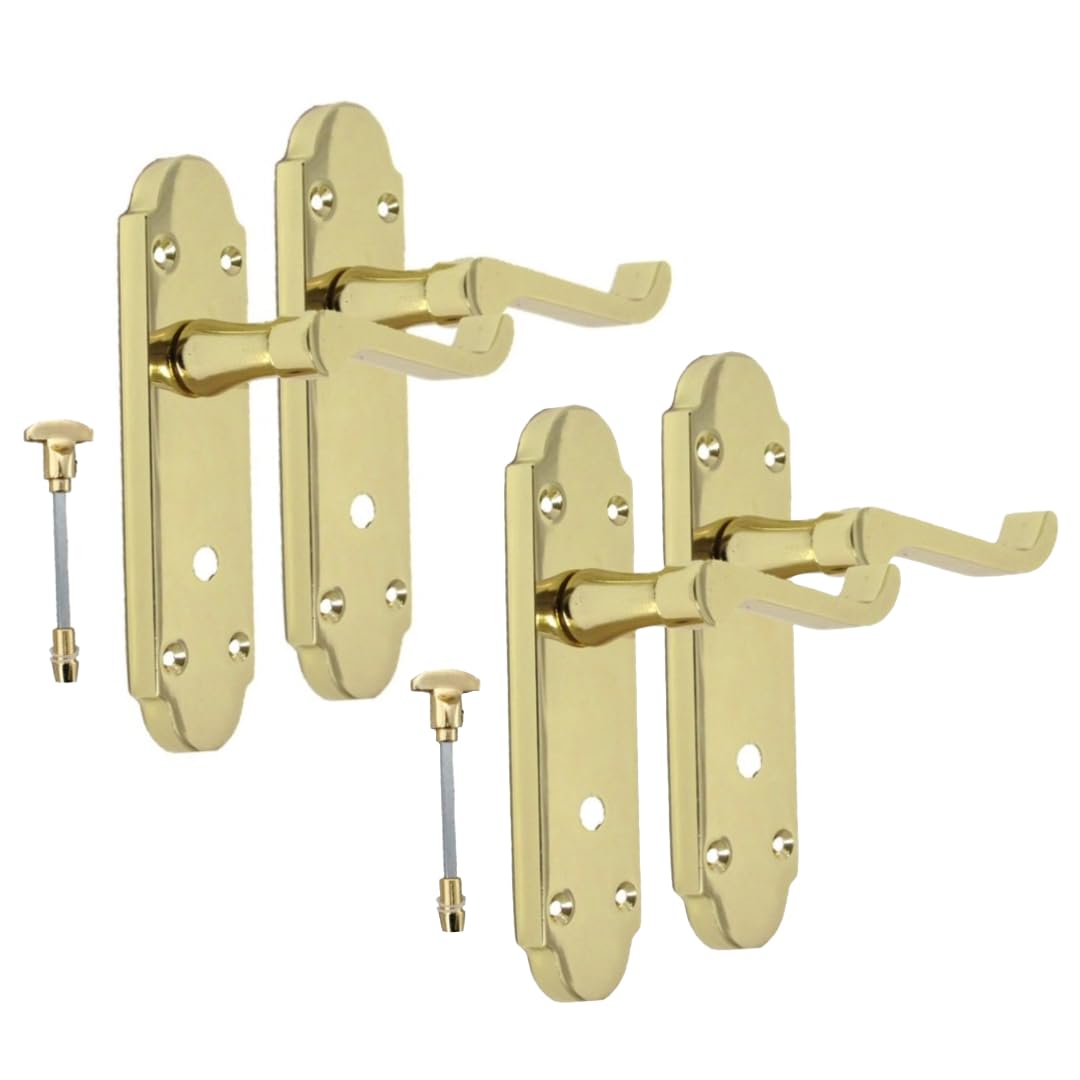Epsom Door Handle Yellow Brass Internal Door Handles - Door Handles Internal Sets & Bathroom Sash Lock, Brass Door Handle Set For Internal Doors, Door Handle In Electro Brass (2 Pair Of Bathroom Handles)