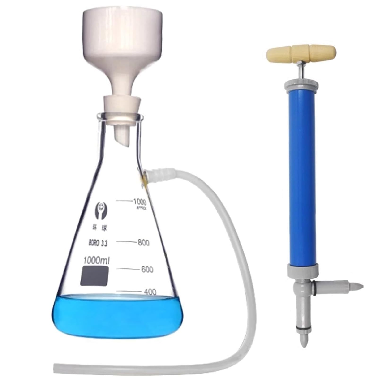 Laboratoryjny zestaw filtrów próżniowych: lejek Buchner | Szklane urządzenia do filtracji/destylacji próżniowej. Lejek Buchner, ręczna pompa próżniowa, kolba filtrująca (500 ml)