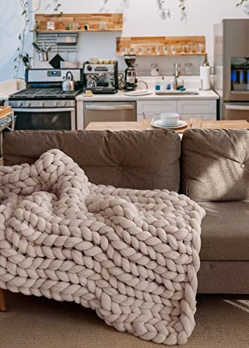 Eastsure Chunky Knit Blanket Merino Wool Blend Heavy Thick Yarn Handmade Knitted Throw Blanket For Sofa Bed Chair Home Decor Gift (Beige) 40"X60" #TOP1