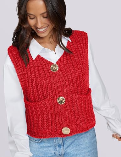 Image of UEU Womens Chunky Sweater Vest Button Down Sleeveless Cardigan V Neck Crop Crochet Knit Tops 2025 Fashion Trendy Clothes
